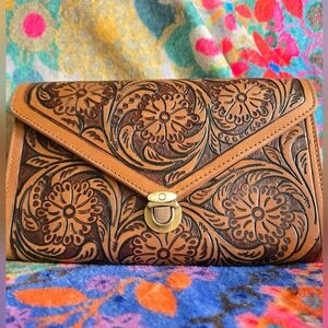Myra Bag Tan Floral Hand Tooled Leather Clutch
